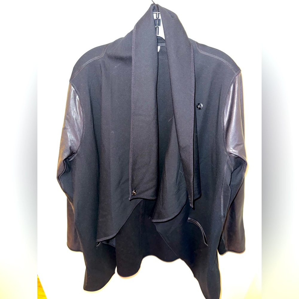 SPANX Black Draped Open-Front Jacket with Leather-Look Sleeves